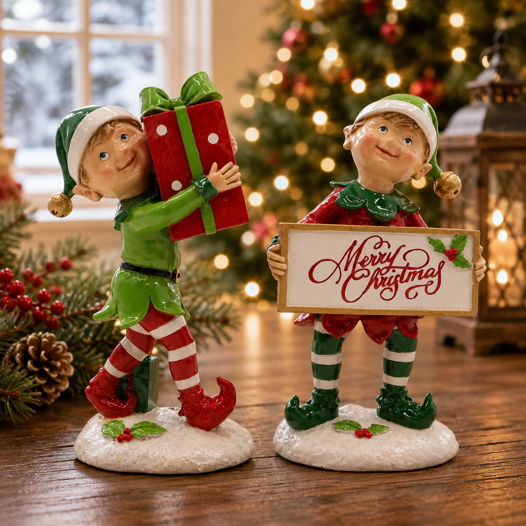 Christmas Elf Figurine Set – Festive Holiday Elves with Gift & Merry Christmas Sign