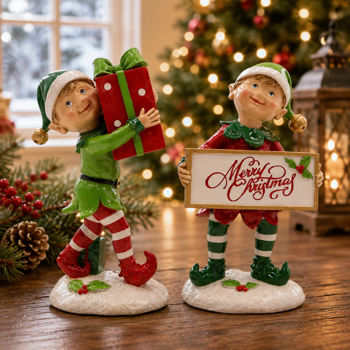 Christmas Elf Figurine Set – Festive Holiday Elves with Gift & Merry Christmas Sign