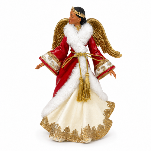 12" African American Christmas Angel Figurine in Red and Gold - Elegant Holiday Decor