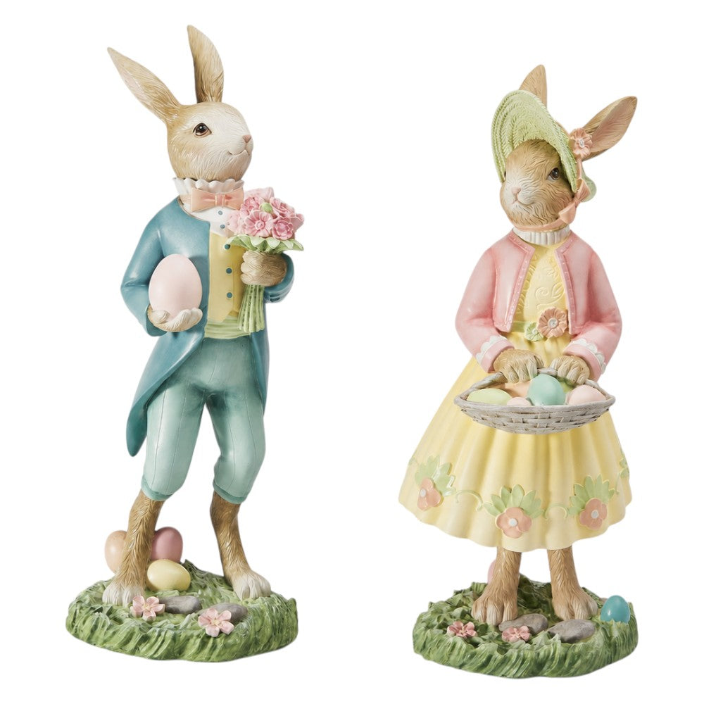 16.25" SET OF 2, RESIN MR.RABBIT HOLDING EGG AND MRS.RABBIT WITH EGG BASKET