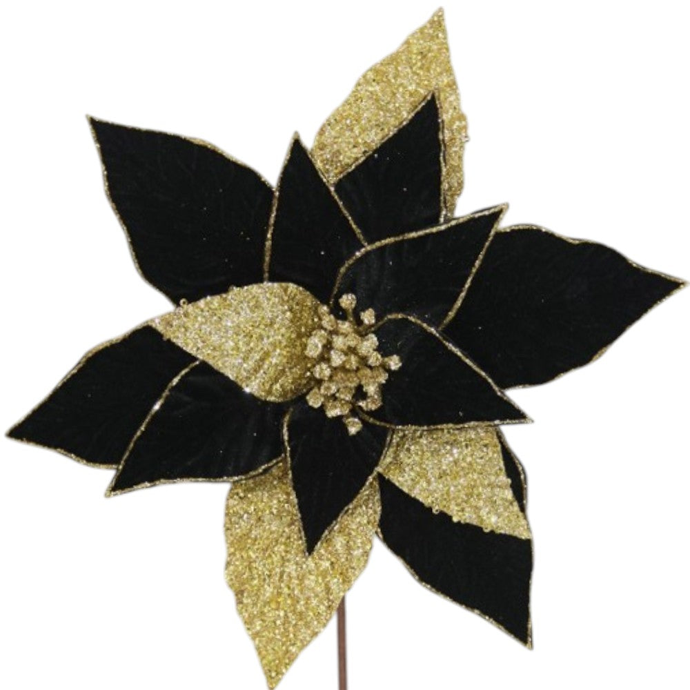 20" Black Velvet & Gold Glitter Poinsettia Pick