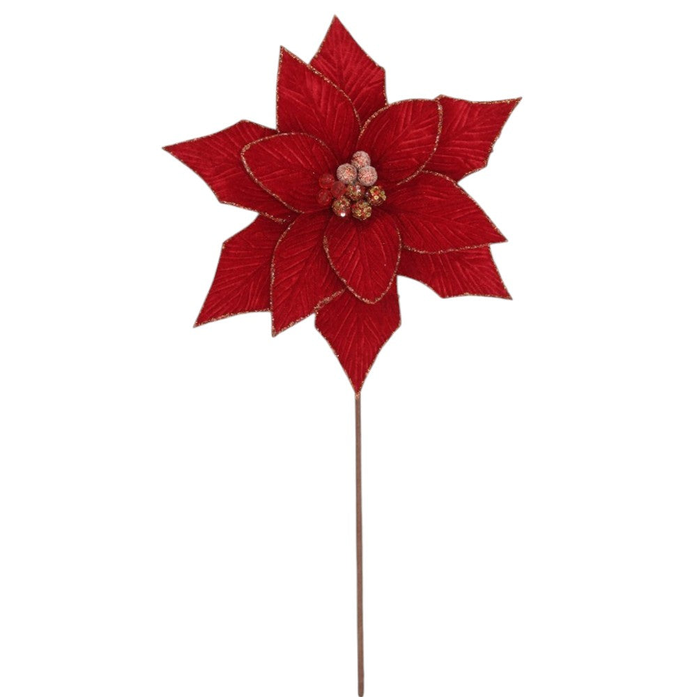 20" Classic Red Velvet Poinsettia Pick with Gold Glitter Trim