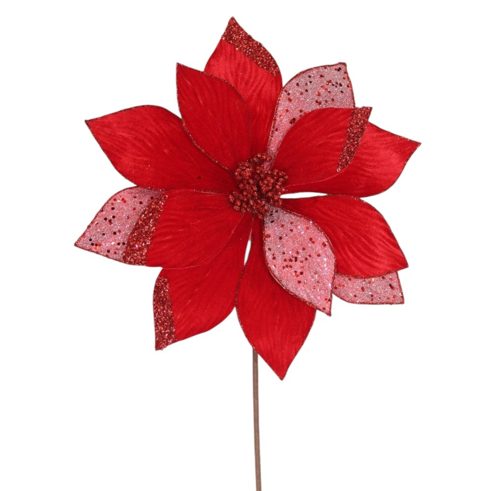 20" Red Velvet Poinsettia Pick with Glitter Petals | Christmas Floral Stem