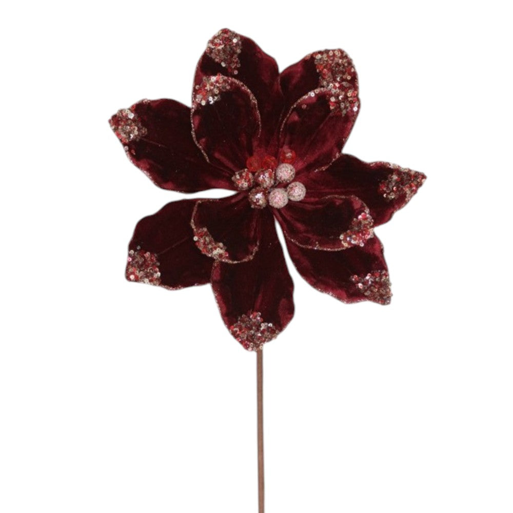 SI233100B Burgundy velvet poinsettia pick