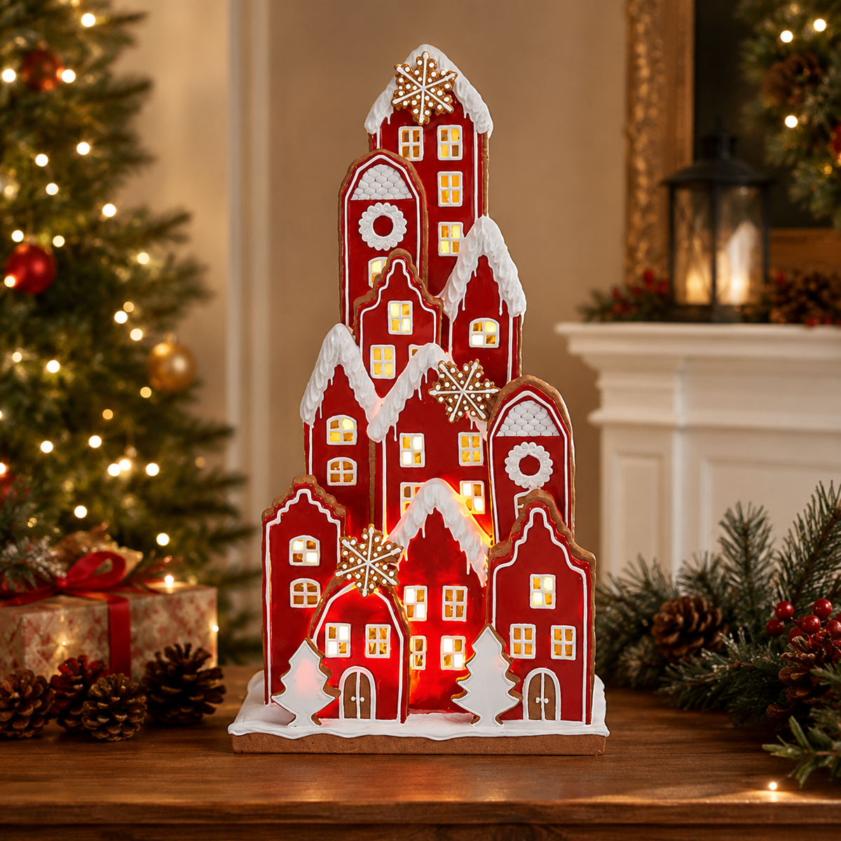 Lighted red Christmas village alternate view