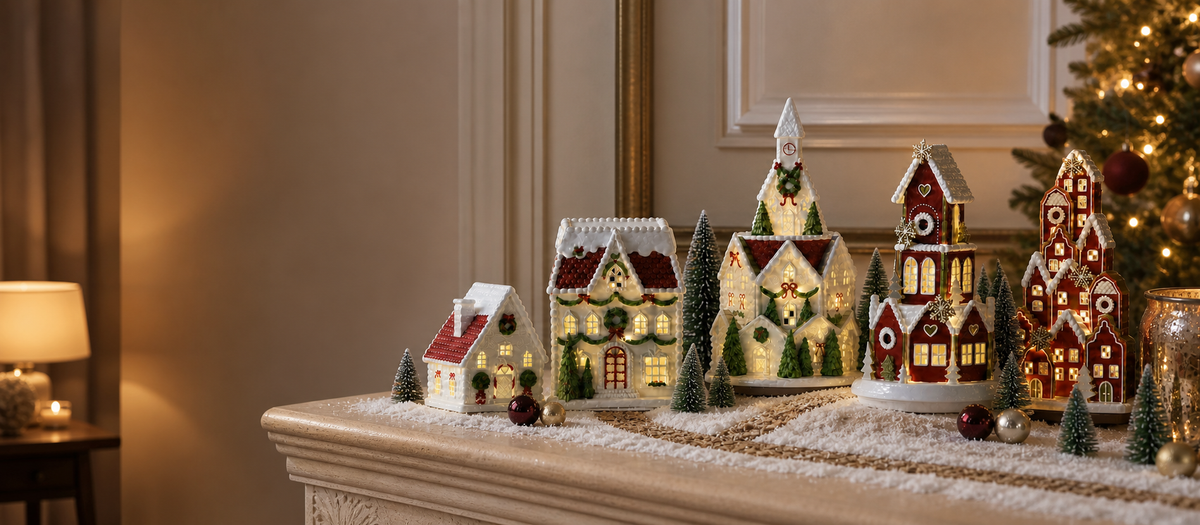 Sankar Seasonals illuminated gingerbread Christmas village displayed in an elegant home